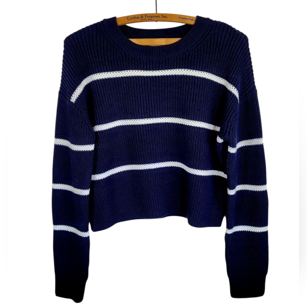 Vince Navy Blue and White Striped Crewneck Sweater